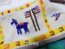 Vintage Santee Sioux Indian Plains Beaded Bonnet American Flags / Horses