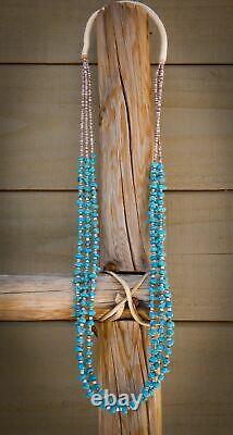 Vintage Santo Domingo Native American 3 Strand Turquoise Nugget 30 Inch Necklace
