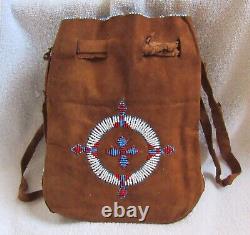 Vintage Sioux Indian Beads Beaded Beadwork Medallion Design & Brown Leather Bag