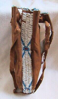 Vintage Sioux Indian Beads Beaded Beadwork Medallion Design & Brown Leather Bag