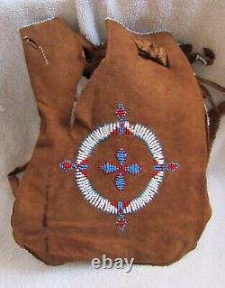 Vintage Sioux Indian Beads Beaded Beadwork Medallion Design & Brown Leather Bag