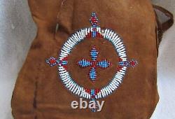 Vintage Sioux Indian Beads Beaded Beadwork Medallion Design & Brown Leather Bag