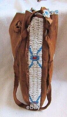 Vintage Sioux Indian Beads Beaded Beadwork Medallion Design & Brown Leather Bag