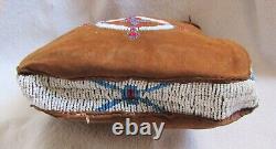 Vintage Sioux Indian Beads Beaded Beadwork Medallion Design & Brown Leather Bag