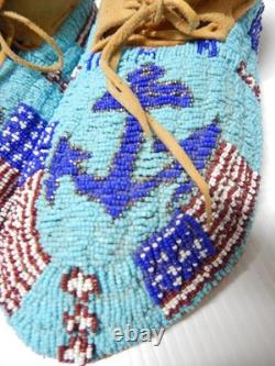 Vintage Southern Arapaho Indian USA Flag + Mariner Beaded Moccasins Hard Soles