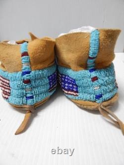 Vintage Southern Arapaho Indian USA Flag + Mariner Beaded Moccasins Hard Soles