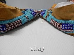 Vintage Southern Arapaho Indian USA Flag + Mariner Beaded Moccasins Hard Soles