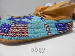 Vintage Southern Arapaho Indian USA Flag + Mariner Beaded Moccasins Hard Soles