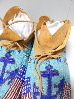 Vintage Southern Arapaho Indian USA Flag + Mariner Beaded Moccasins Hard Soles