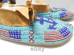Vintage Southern Arapaho Indian USA Flag + Mariner Beaded Moccasins Hard Soles