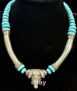 Vintage Sterling Silver 925 BLUE TURQUOISE BEAD Heavy RAM'S HEAD Tribal NECKLACE