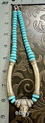 Vintage Sterling Silver 925 BLUE TURQUOISE BEAD Heavy RAM'S HEAD Tribal NECKLACE