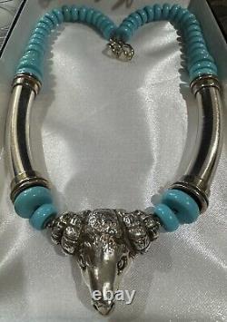 Vintage Sterling Silver 925 BLUE TURQUOISE BEAD Heavy RAM'S HEAD Tribal NECKLACE