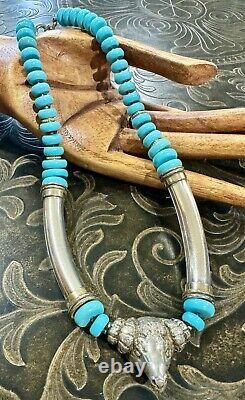 Vintage Sterling Silver 925 BLUE TURQUOISE BEAD Heavy RAM'S HEAD Tribal NECKLACE