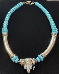 Vintage Sterling Silver 925 BLUE TURQUOISE BEAD Heavy RAM'S HEAD Tribal NECKLACE