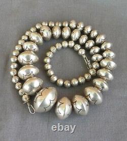 Vintage Sterling Silver Native American Signed Large Stamped Bead Necklace 22 +