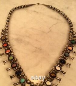 Vintage Sterling Silver PG Multi- Gemstone Squash Blossom Naja Bead Necklace