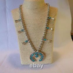 Vintage Turquoise And Silver Native American Style Squash Blossem Necklace