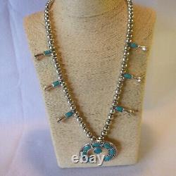 Vintage Turquoise And Silver Native American Style Squash Blossem Necklace