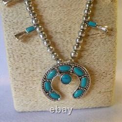 Vintage Turquoise And Silver Native American Style Squash Blossem Necklace