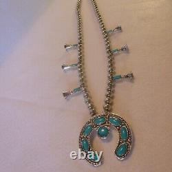 Vintage Turquoise And Silver Native American Style Squash Blossem Necklace