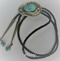 Vintage Turquoise Detailed Navajo Sterling Silver Bolo Tie On Black Leather