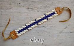 Vintage WAMPUM Native American White / Blue GLASS BEAD Leather Leg Tie CHOKER