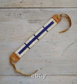 Vintage WAMPUM Native American White / Blue GLASS BEAD Leather Leg Tie CHOKER