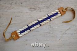 Vintage WAMPUM Native American White / Blue GLASS BEAD Leather Leg Tie CHOKER Vintage WAMPUM Native American White / Blue GLASS BEAD Leather Leg Tie CHOKER