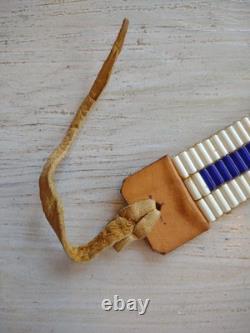 Vintage WAMPUM Native American White / Blue GLASS BEAD Leather Leg Tie CHOKER