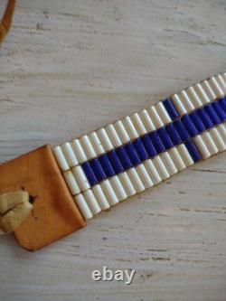 Vintage WAMPUM Native American White / Blue GLASS BEAD Leather Leg Tie CHOKER