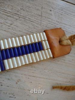 Vintage WAMPUM Native American White / Blue GLASS BEAD Leather Leg Tie CHOKER