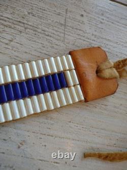 Vintage WAMPUM Native American White / Blue GLASS BEAD Leather Leg Tie CHOKER