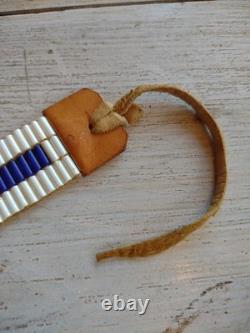 Vintage WAMPUM Native American White / Blue GLASS BEAD Leather Leg Tie CHOKER