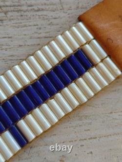 Vintage WAMPUM Native American White / Blue GLASS BEAD Leather Leg Tie CHOKER