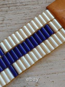 Vintage WAMPUM Native American White / Blue GLASS BEAD Leather Leg Tie CHOKER