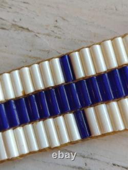Vintage WAMPUM Native American White / Blue GLASS BEAD Leather Leg Tie CHOKER