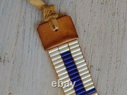 Vintage WAMPUM Native American White / Blue GLASS BEAD Leather Leg Tie CHOKER
