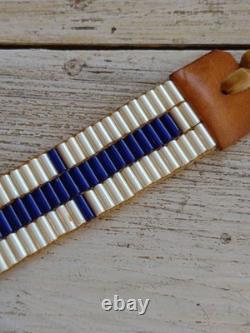 Vintage WAMPUM Native American White / Blue GLASS BEAD Leather Leg Tie CHOKER