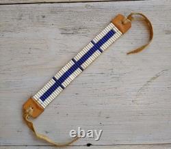 Vintage WAMPUM Native American White / Blue GLASS BEAD Leather Leg Tie CHOKER