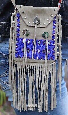 Vintage beaded Plains medicine bag purse suede leather fringe conchos Lakota