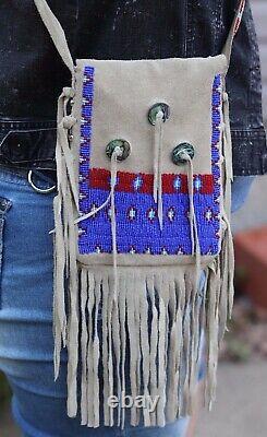 Vintage beaded Plains medicine bag purse suede leather fringe conchos Lakota