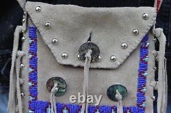 Vintage beaded Plains medicine bag purse suede leather fringe conchos Lakota