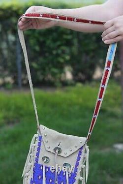 Vintage beaded Plains medicine bag purse suede leather fringe conchos Lakota