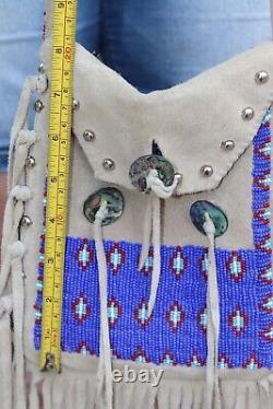 Vintage beaded Plains medicine bag purse suede leather fringe conchos Lakota