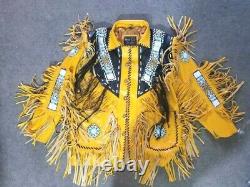 Vipzi Men's Handmade Native American Red Indian Leather Jacket Fringes beads