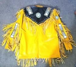 Vipzi Men's Handmade Native American Red Indian Leather Jacket Fringes beads