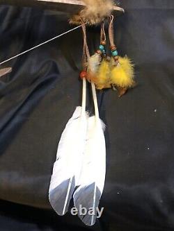 Vtg Decorative Native American Wood Bow & ArrowithBeaded w Feathers Leather Fur
