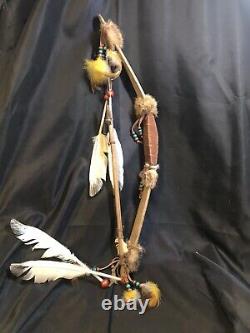 Vtg Decorative Native American Wood Bow & ArrowithBeaded w Feathers Leather Fur