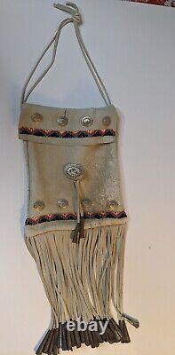 Vtg Native American Beaded Deerskin Fringe Bag Apache Metal Cone Fringe
